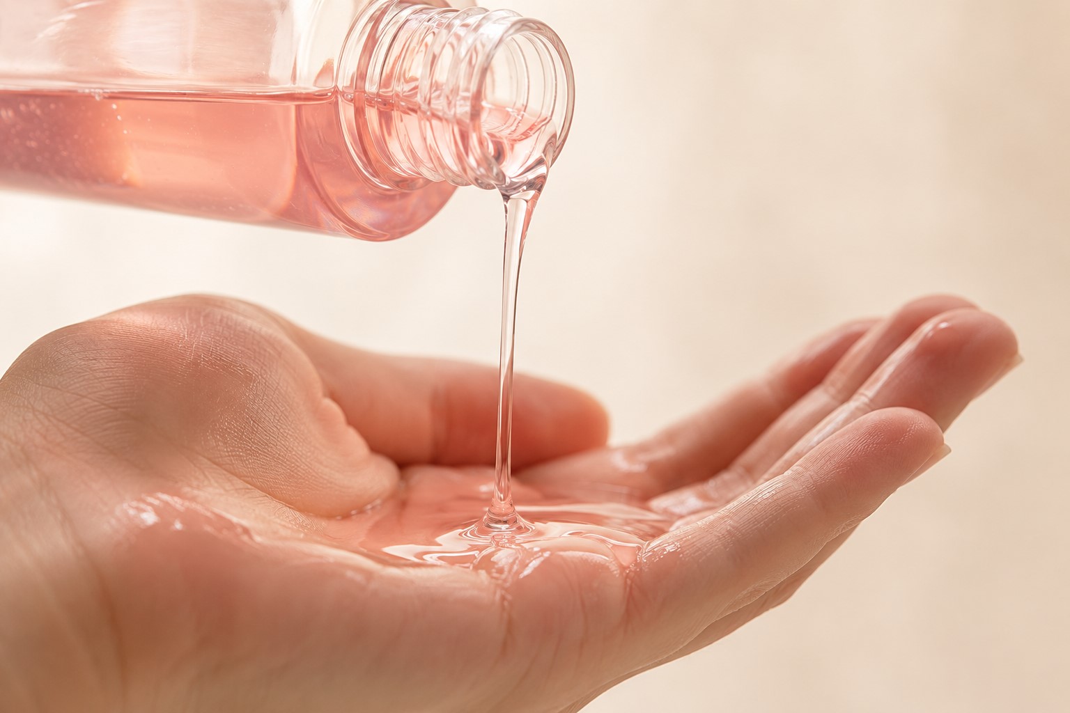 Aceite limpiador japonés cayendo sobre la palma de la mano